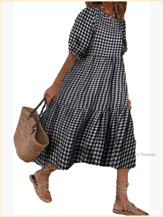 Dresses & Skirts - Loose Fit Plaid Long Dress with Lantern Sleeves Casual Swing Dress